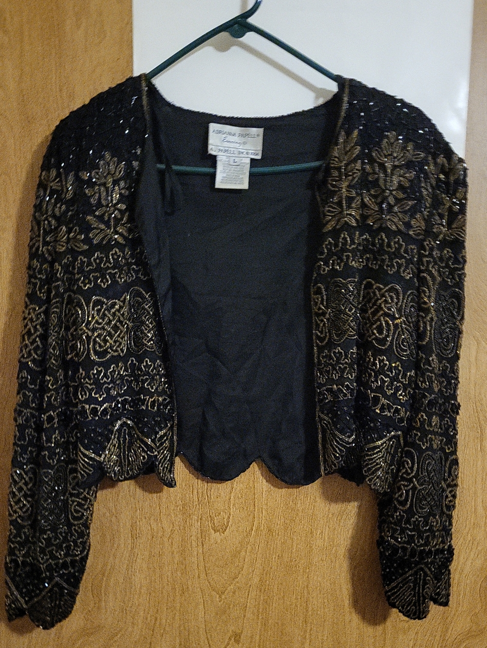 Adrianna Papell Black and Gold Beaded Open-Front Evening Cardigan